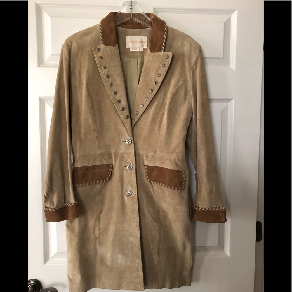 Tan 100% leather suede coat, with studded detailing. Size 8. Never worn.